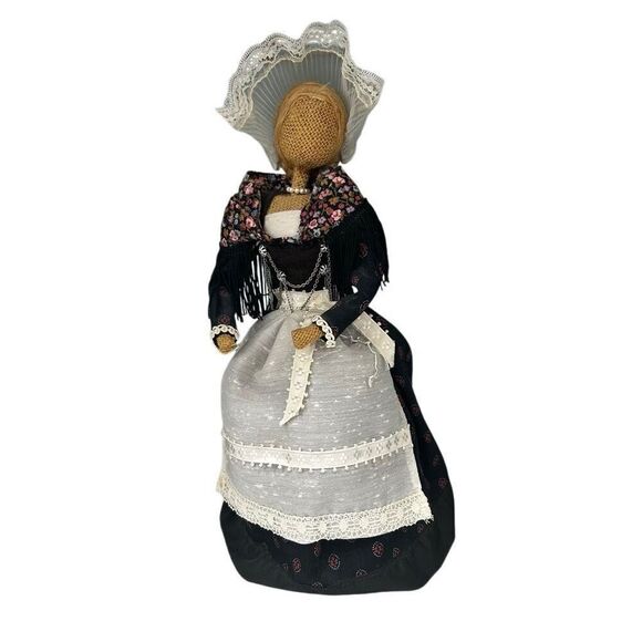 Vtg Handmade Straw Burlap Doll 12" Tan Blue Folk Art Collectible Rustic Decor - Picture 1 of 10